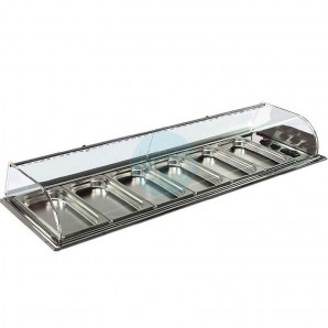 Vitrina Tapas Encastrable en Barra, 1,2 Metros, 6 Cubetas, Motor Externo, Cristal Curvo, Puertas Abatibles, LED, VGCSTF6