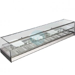 Vitrina Tapas Refrigerada, Motor Externo, 1,5 Metros, 8 Cubetas, Estante, Cristal Recto, Puertas Correderas, LED, VGMARF8ETR