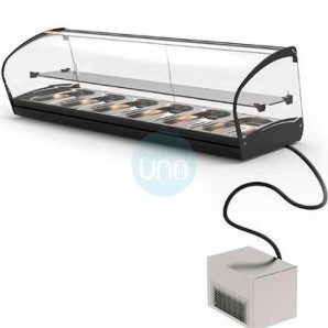 Vitrina Refrigerada para Tapas, Motor Externo, 8 Cubetas, 1,5 Metros, 1 Estante, Puertas Correderas, Cristal Curvado, SAYL