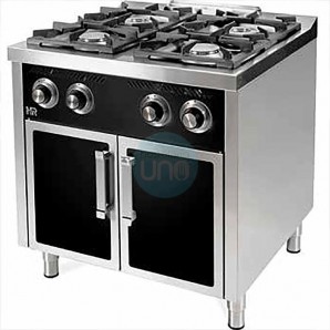 Cocina a Gas con Puertas Negras, 4 Fuegos, 80 cm Ancho, Fondo 75 cm, HR Fainca HRC4F750EP
