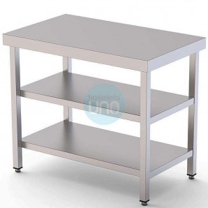 Mesa Central, 2,5 Metros, Fondo 60 cm, 2 Estantes, 3 Alturas, Acero inoxidable Satinado