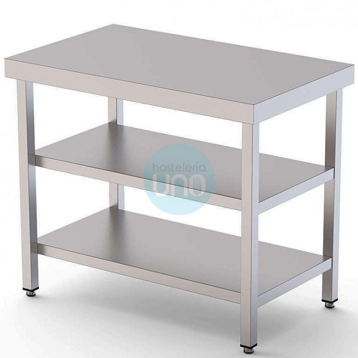 Mesa Central, 2,5 Metros, Fondo 60 cm, 2 Estantes, 3 Alturas, Acero inoxidable Satinado Mesa Central, 2,5 Metros, Fondo 60 cm, 2 Estantes, 3 Alturas, Acero inoxidable Satinado
