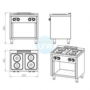 Cocina Eléctrica con Mueble, Trifásica, 4 Placas, 80 cm Ancho, Fondo 60 cm, HR Fainca HRCE4P600E