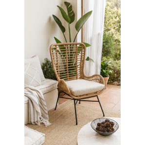 Sillón java, metal, cojín, ratán beige