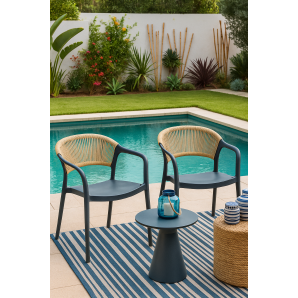 4 Sillones ibiza, apilable, tratamiento anti uv, polipropileno gris oscuro, cuerda natural - 4 unidades