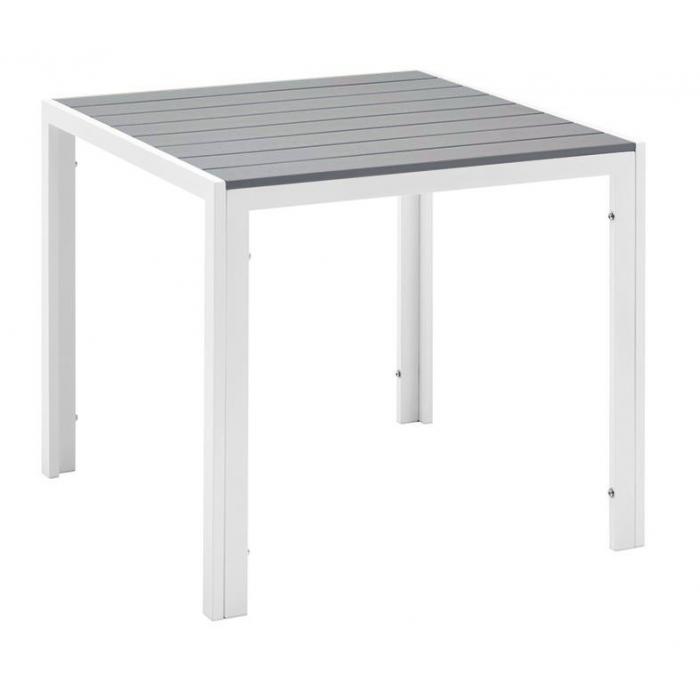 Mesa garibaldi, metal blanco, tablero polywood gris, 80 x 80 cms.