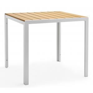 Mesa garibaldi, metal blanco, tablero polywood amarillo, 80 x 80 cms.
