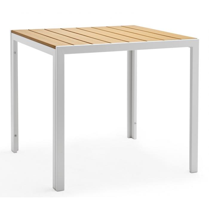 Mesa garibaldi, metal blanco, tablero polywood amarillo, 80 x 80 cms.