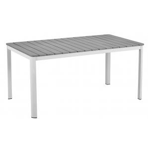 Mesa garibaldi, metal blanco, tablero polywood gris, 160 x 90 cms.