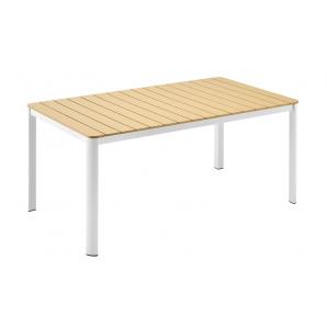 Mesa garibaldi, metal blanco, tablero polywood amarillo, 160 x 90 cms.