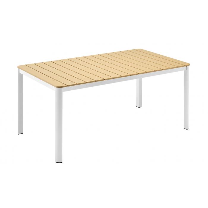Mesa garibaldi, metal blanco, tablero polywood amarillo, 160 x 90 cms.