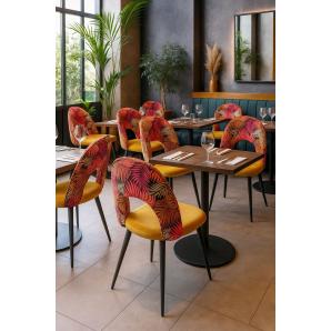 2 Sillas orquidea, metal, tapizado velvet amarillo con respaldo floral a juego - 2 unidades