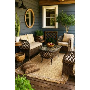 Set marbella, 2 sillones + sofá 2 plazas + mesa, aluminio, ratán chocolate, cojines incluidos