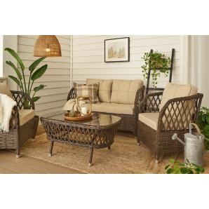 Set marbella, 2 sillones + sofá 2 plazas + mesa, aluminio, ratán chocolate, cojines incluidos