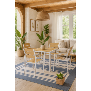 Mesa garibaldi, metal blanco, tablero polywood amarillo, 80 x 80 cms.