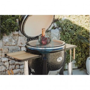 Barbacoa de Carbón Ø 46 cm con Carro Negro y Mesas Laterales de Bambú, Kamado Monolith TWO.55