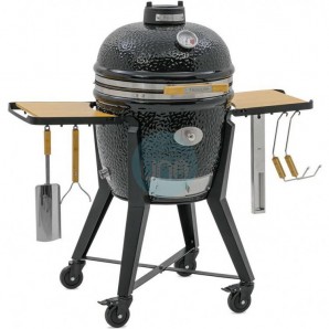 Barbacoa de Carbón Ø 46 cm con Carro Negro y Mesas Laterales de Bambú, Kamado Monolith TWO.55