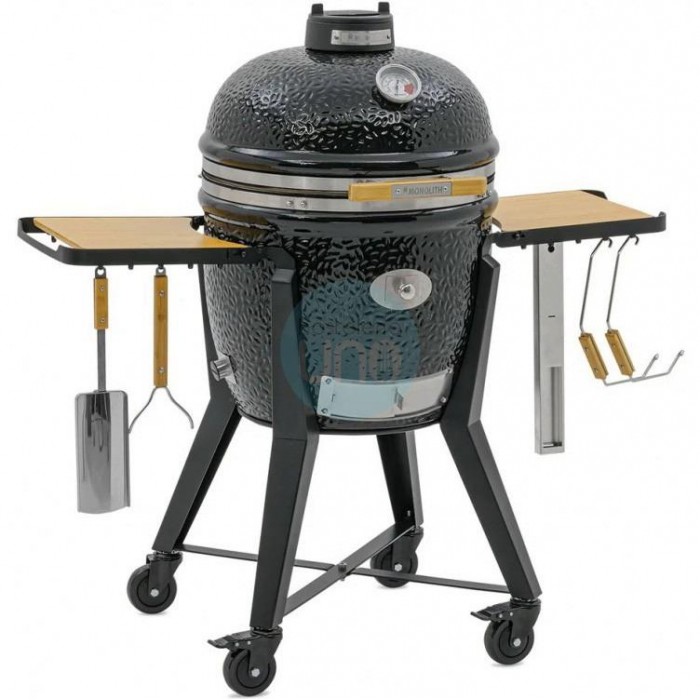 Barbacoa de Carbón Ø 55 cm con Carro Negro y Mesas Laterales de Bambú, Kamado Monolith TWO.66