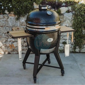 Barbacoa de Carbón Ø 55 cm con Carro Negro y Mesas Laterales de Bambú, Kamado Monolith TWO.66