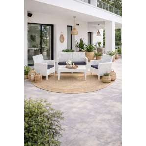 Set adriático, 2 sillones + sofá 2 plazas + mesa, polipropileno blanco, cojines incluidos