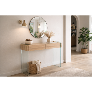 Consola giovanna, 2 cajones, madera, cristal templado, 110 x 40 cms