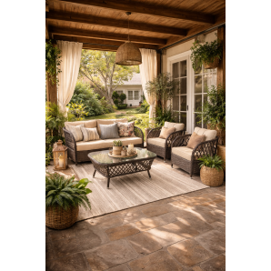 Set marbella, 2 sillones + sofá 2 plazas + mesa, aluminio, ratán chocolate, cojines incluidos