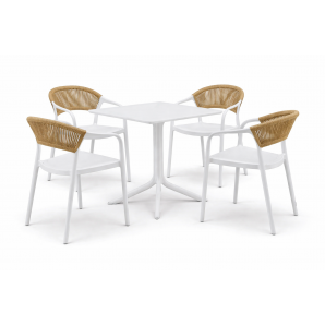 4 Sillones ibiza, apilable, tratamiento anti uv, polipropileno blanco, cuerda natural - 4 unidades