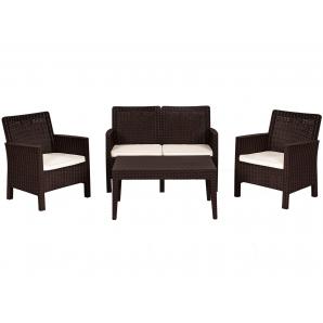 Set adriático, 2 sillones + sofá 2 plazas + mesa, polipropileno chocolate, cojines incluidos