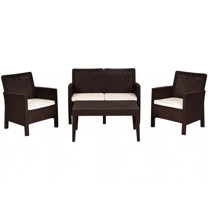Set adriático, 2 sillones + sofá 2 plazas + mesa, polipropileno chocolate, cojines incluidos
