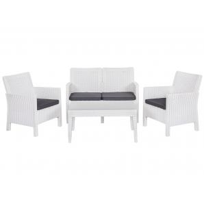 Set adriático, 2 sillones + sofá 2 plazas + mesa, polipropileno blanco, cojines incluidos