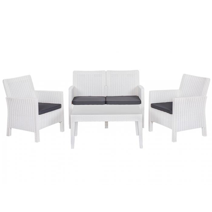 Set adriático, 2 sillones + sofá 2 plazas + mesa, polipropileno blanco, cojines incluidos
