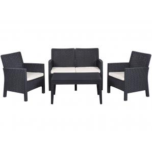 Set adriático, 2 sillones + sofá 2 plazas + mesa, polipropileno antracita, cojines incluidos