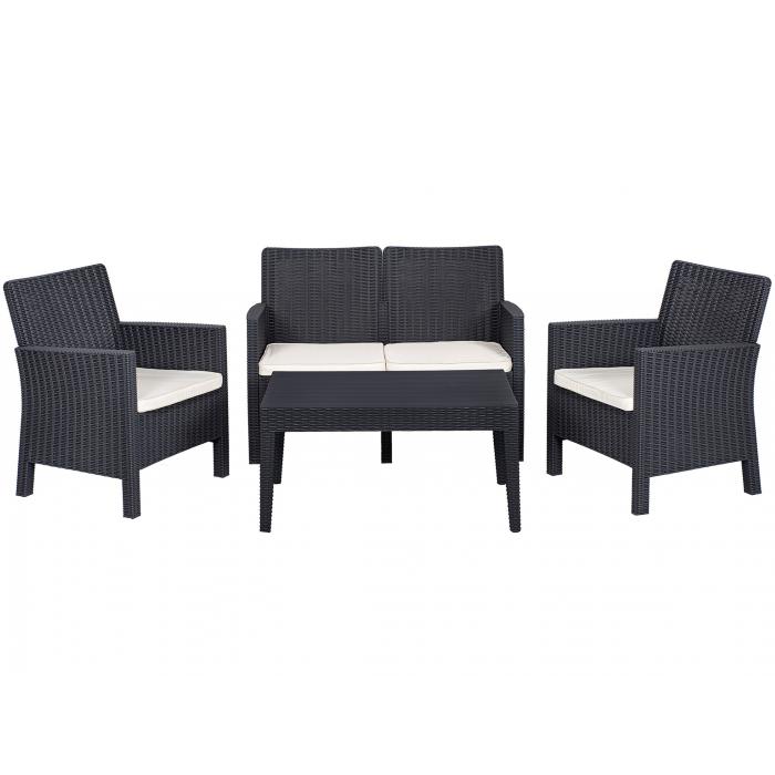 Set adriático, 2 sillones + sofá 2 plazas + mesa, polipropileno antracita, cojines incluidos