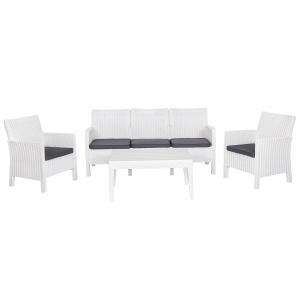 Set adriático, 2 sillones + sofá 3 plazas + mesa, polipropileno blanco, cojines incluidos