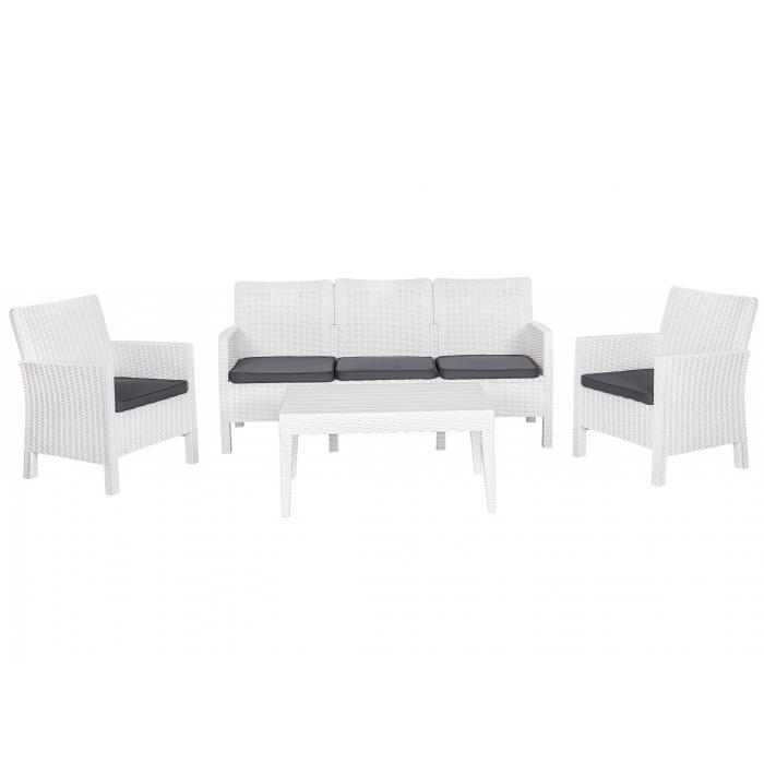 Set adriático, 2 sillones + sofá 3 plazas + mesa, polipropileno blanco, cojines incluidos