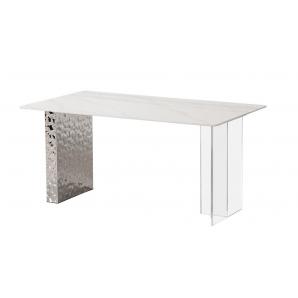Mesa veneto, acero inoxidable, acrílico, tapa de cerámica, 160 x 90 cms