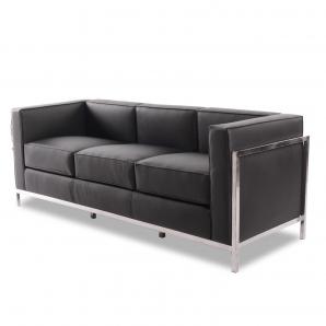 Sofá lobby, 3 plazas, acero inoxidable, similpiel negra