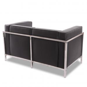 Sofá lobby, 2 plazas, acero inoxidable, similpiel negra