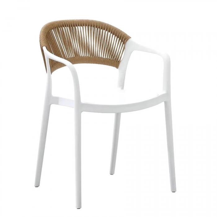 4 Sillones ibiza, apilable, tratamiento anti uv, polipropileno blanco, cuerda natural - 4 unidades