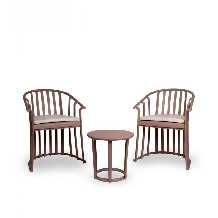 Set 2+1 sillas con brazos-cojín-mesa interior, exterior chocolate RAFF Resol