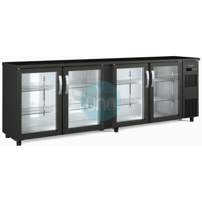 Frente Mostrador Refrigerado Horizontal 2,5 Metros Largo, 4 Puertas, Exterior Acero Plastificado Negro Coreco SBE-250