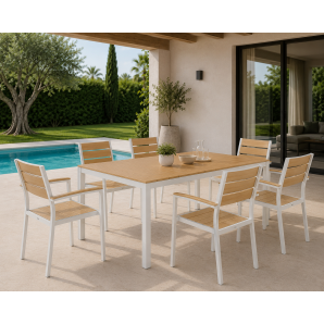 Mesa garibaldi, metal blanco, tablero polywood amarillo, 160 x 90 cms.