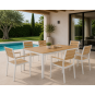 Mesa garibaldi, metal blanco, tablero polywood amarillo, 160 x 90 cms.
