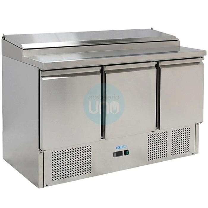 Mesa Fría de Trabajo y Preparación Ensaladas y Pizzas, 3 Puertas, 1,4 Metros Ancho, Fondo 70 cm, 390 Litros, ForCold