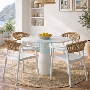 4 Sillas Blancas Apilables, Polipropileno, Respaldo Cuerda Natural, Ibiza