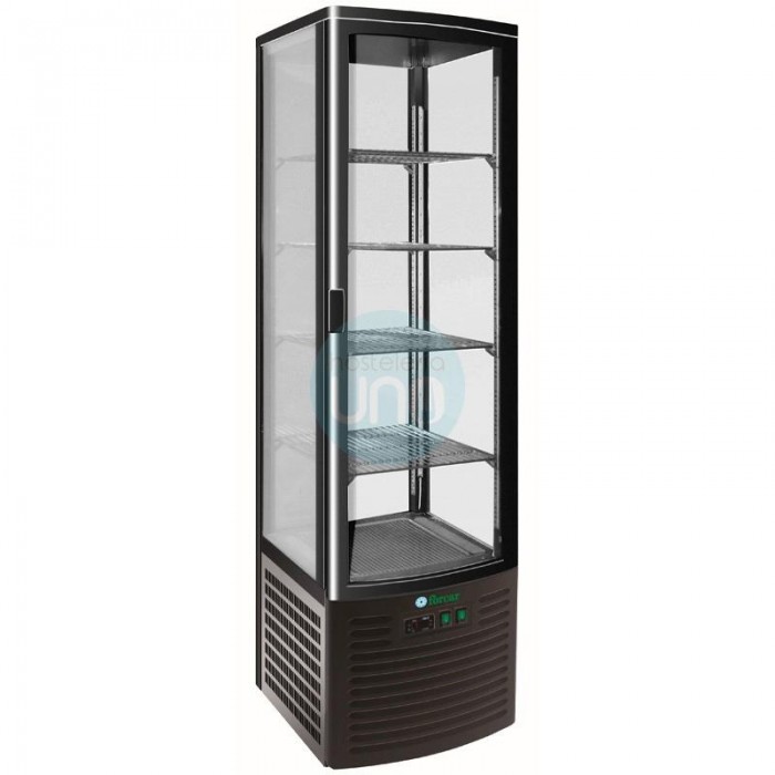 Expositor Refrigerado Negro 4 Caras, Ancho 52 cm, Fondo 48 cm, 280 Litros, 4 Estantes, Forcar