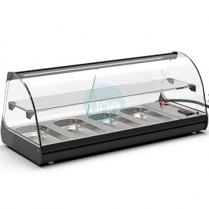 Vitrina Refrigerada para Tapas, 84 cm Ancho, Motor Externo, 4 Cubetas, Puertas Correderas, Estante, Cristal Curvo, SAYL