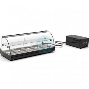 Vitrina Refrigerada para Tapas, 84 cm Ancho, Motor Externo, 4 Cubetas, Puertas Correderas, Estante, Cristal Curvo, SAYL