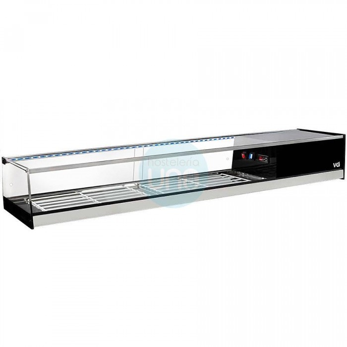 Vitrina de Tapas Refrigerada 1,2 Metros, Alto 21,5 cm, Cristal Recto, Puertas Correderas, 1,5 parrillas, LED, VGINXR120