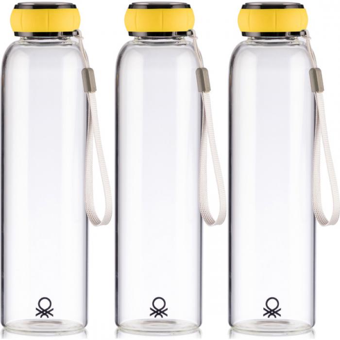 Set de 3 unidades de botella de agua 550ml borosilicato tapa amarilla casa benetton - Imagen 1